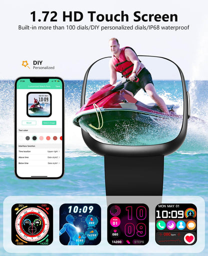 BooaBei Smart Watches, 1.72" Smartwatch for Men Women (Answer/Make Call), Fitness Tracker with 100+ Sport Modes, IP68 Waterproof, Heart Rate/Sleep/Spo2 Monitor, Activity Tracker for Android iOS