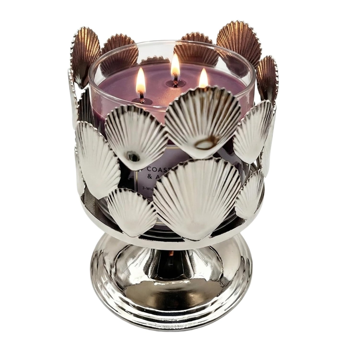 Silver Shell Pattern 3 Wick Candle Holder, Fits 4 Inch Diameter Jar Candles, 4.3" D x 5.9" H Decorative Candle Stand for Home, Living Room, Bedroom, Office & Gifting