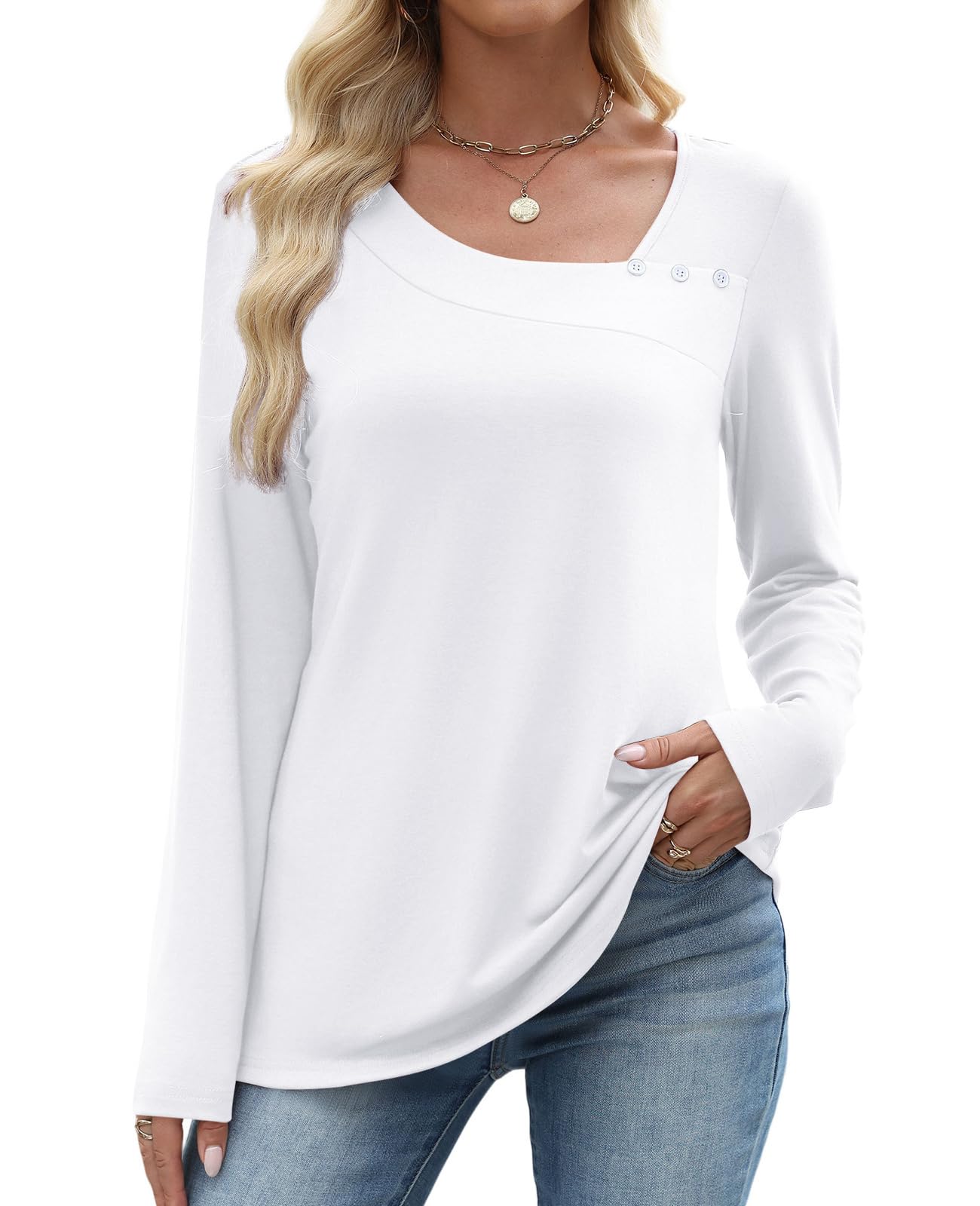 OFEEFAN Long Sleeve Shirts for Women Fall Clothes Asymmetric Square Neck Tunic Tops Decorative Buttons
