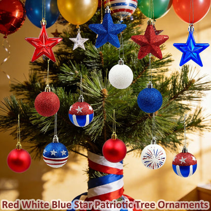 Patriotic Ornaments Hanging Balls - 32 Pcs 4th of July Independence Day Tree Ornaments Memorial Day Red White Blue Stars Balls for Veterans Day Holiday Party Home Christmas Tree Decor