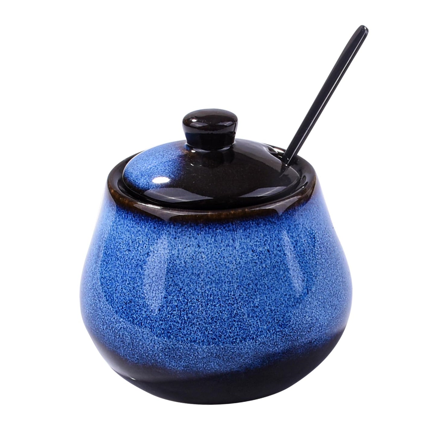 BOSILI Blue Ceramic Sugar Bowls with Lid Seasoning Container with Stainless Steel Spoon for Spice Salt