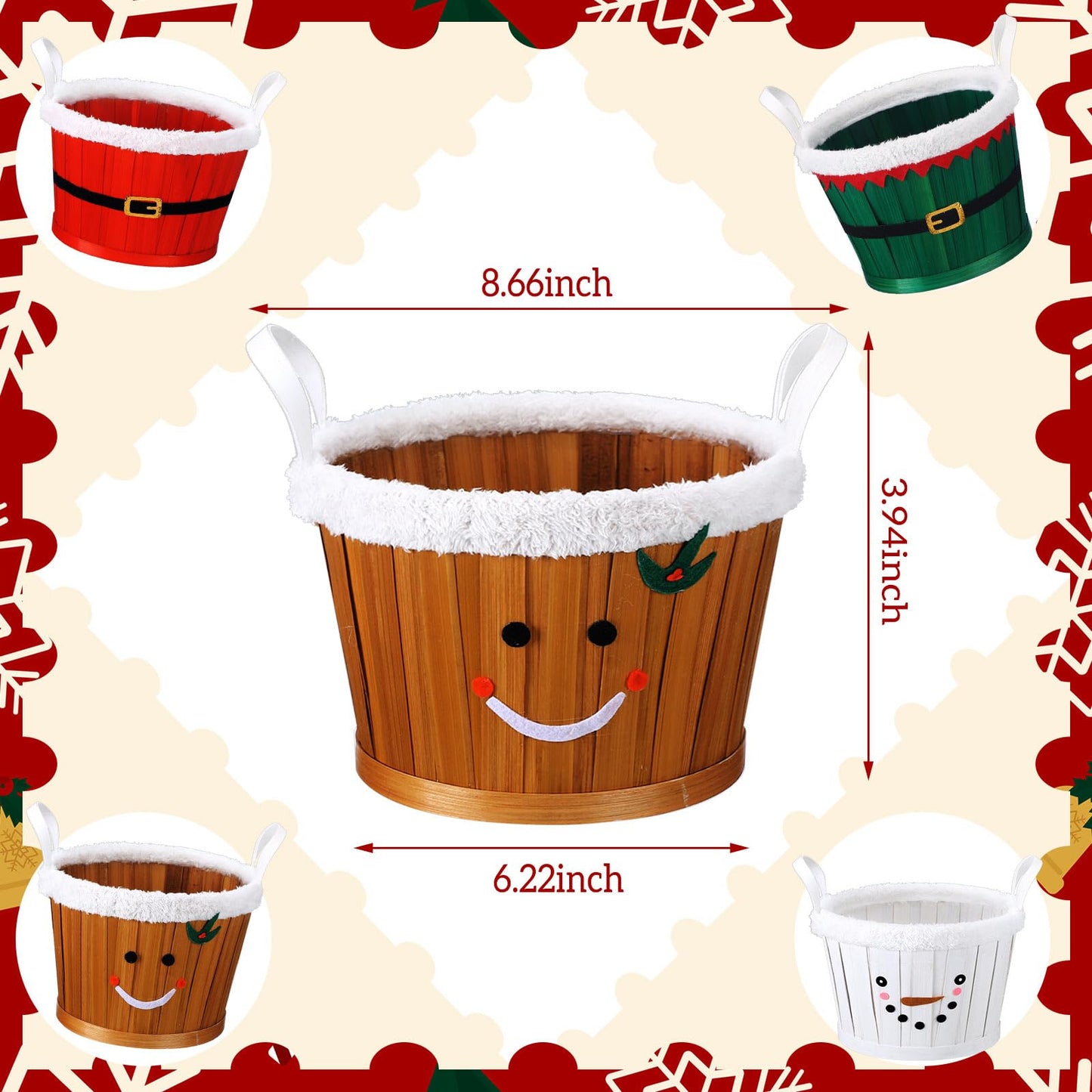 Youyole 4 Pieces Christmas Basket for Gifts Woven Bamboo Xmas Round Gingerbread Basket Small Santa Claus for Christmas Party Supplies Gift Snack Storage(Tall and Handle)