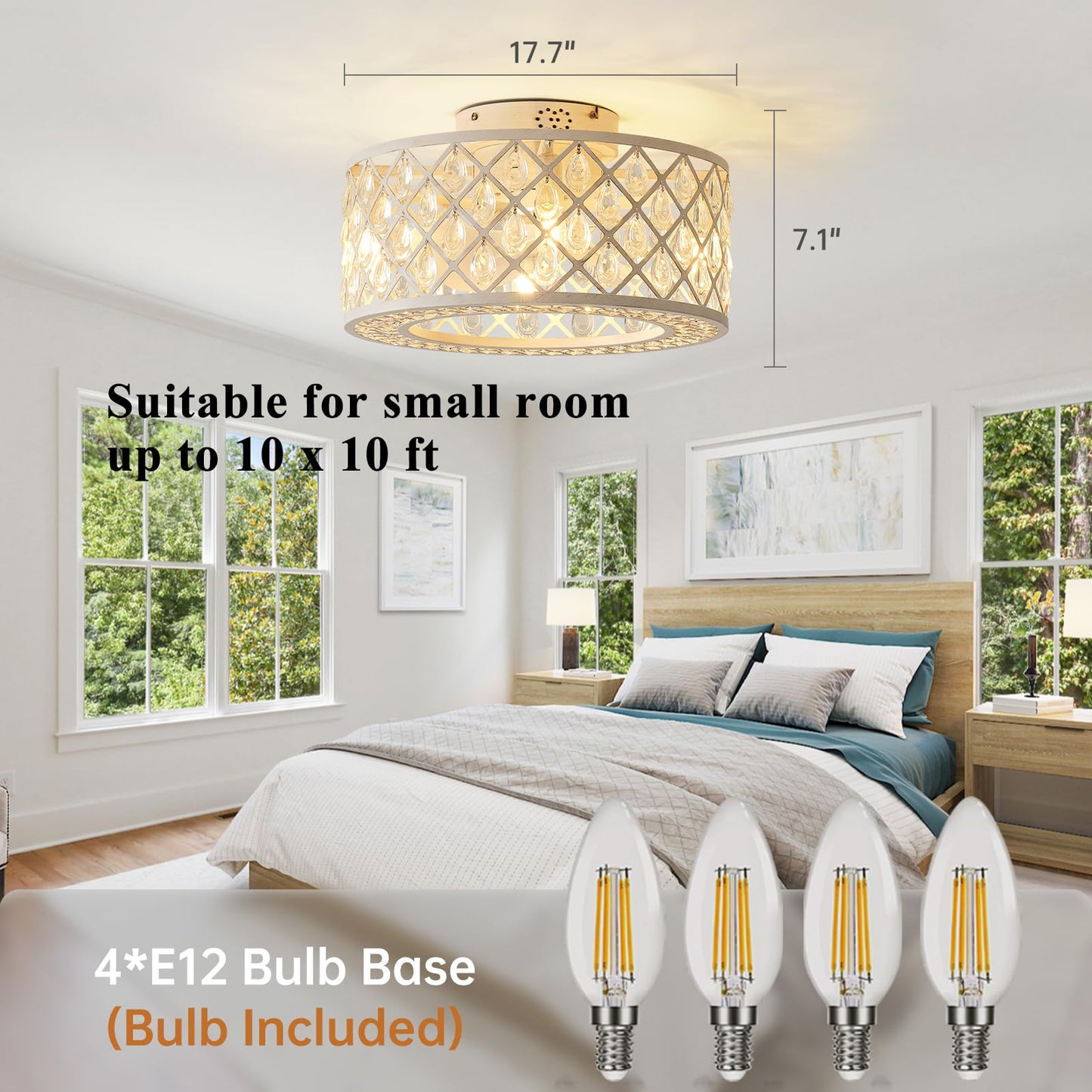 18 Inch Caged Ceiling Fans with Lights, Farmhouse White Crystal Fandelier Ceiling Fan and Remote/APP Control Low Profile Ceiling Fan for Bedroom Living Room Dining Room Kitchen Indoor, Including Bulb