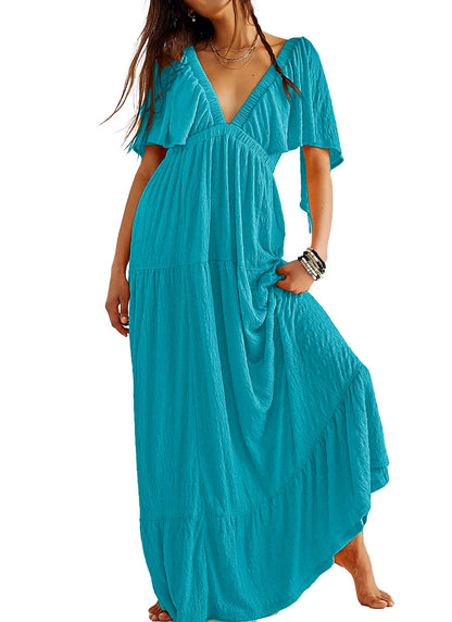 Kikibell Women Summer Dresses Sexy V-Neck Maxi Dress Tiered Silhouette with Flutter Sleeve Backless Elastic Waist Flowy Dress