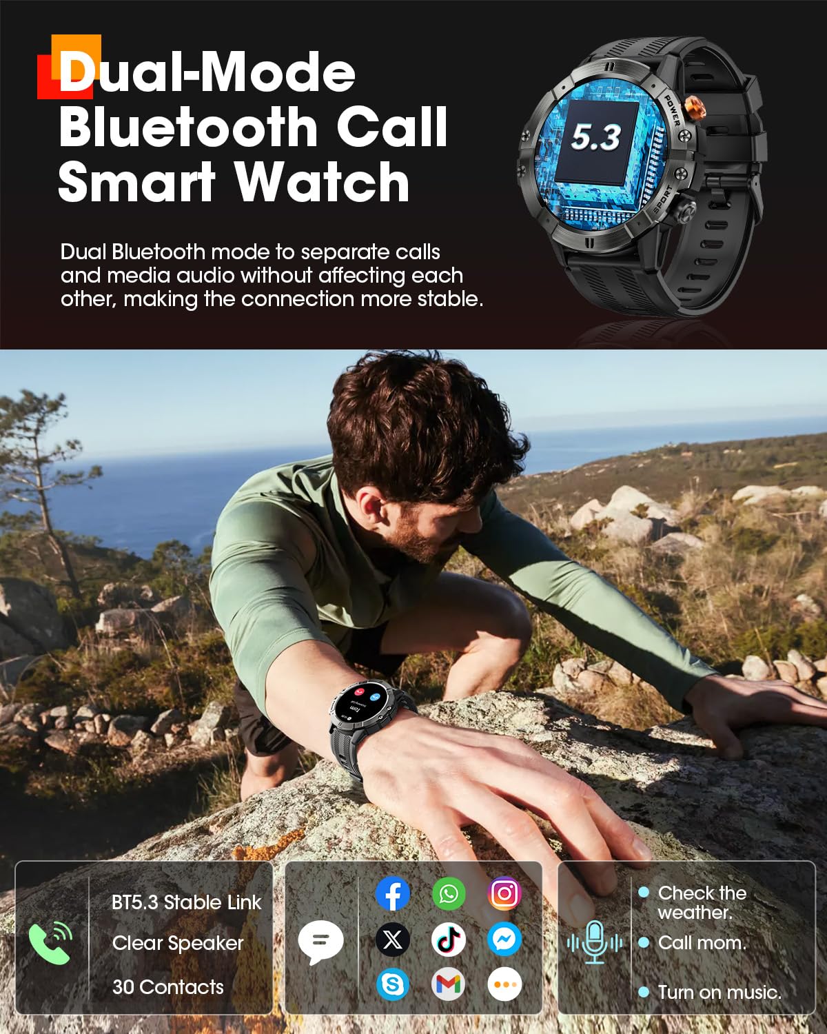 Smart Watches for Men, Bluetooth Call Military Smart Watch, Waterproof Fitness Tracker with Heart Rate/Blood Oxygen/Sleep Monitor/124 Sports Modes, Tactical Watch for Android Phones & iPhone (Black)