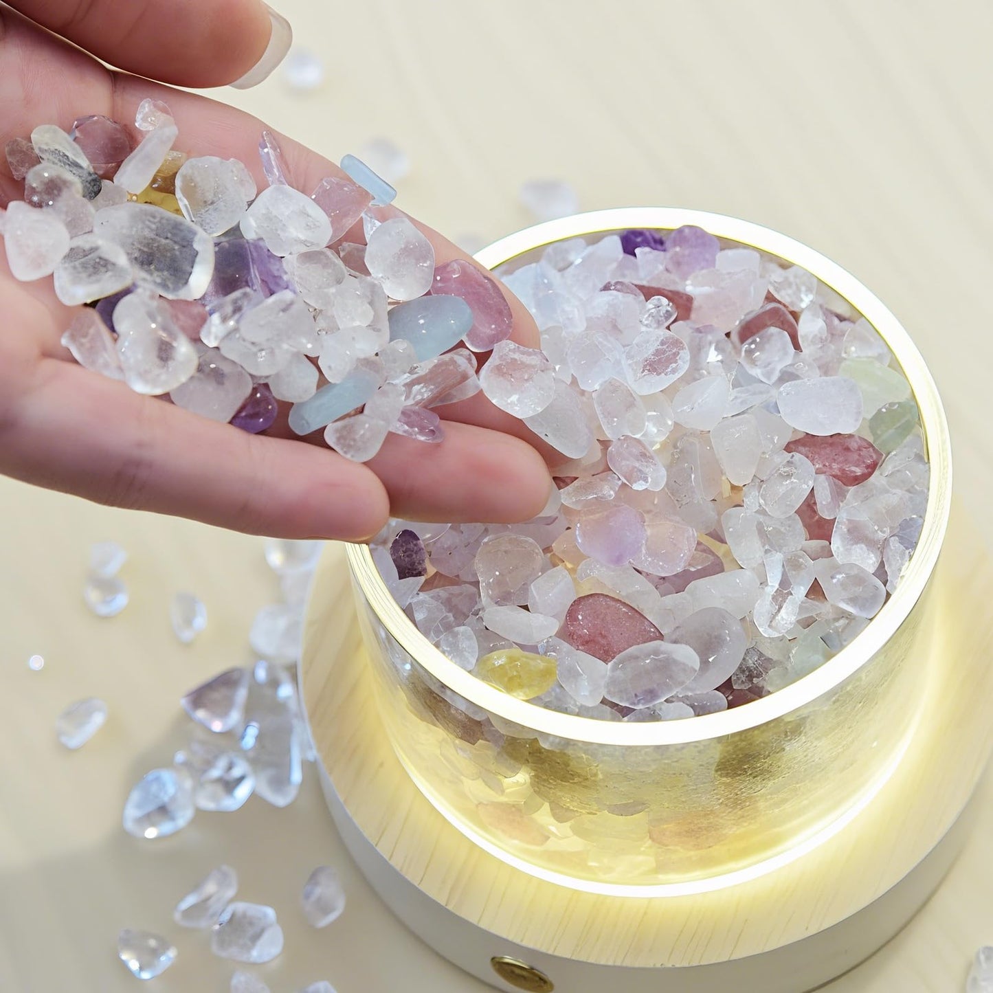 Lamptobe Healing Crystals Lamp with Wooden Light Base, Crystal Gift for Women Chakra Crystal Gemstones Set for Meditation Spiritual Reiki Positive Energy Office Home