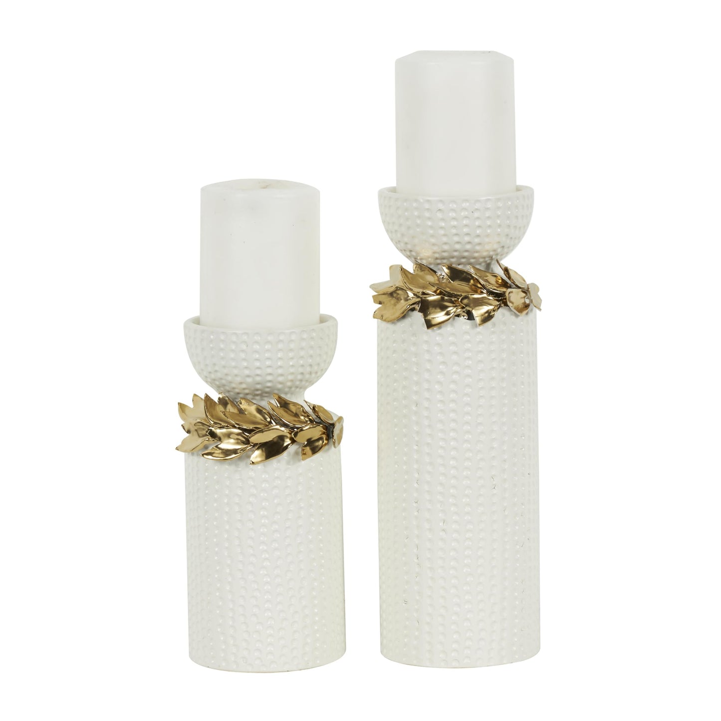 Deco 79 Ceramic Decorative Candle Holder Candle Stand with Abstract Spotted Pattern and Gold Leaf Accents, Set of 2 Candlestick Holder 12", 9" H, White