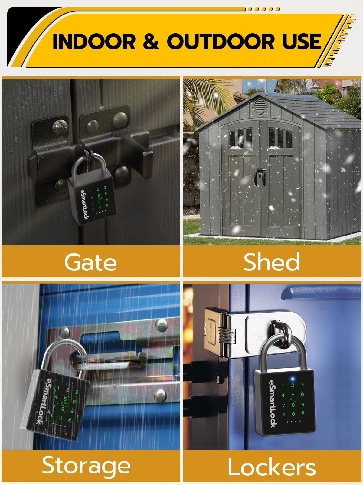 Pothunder Heavy Duty Smart Padlock, Outdoor Padlock with Key Code and RFID, Weatherproof Biometric Digital Lock for Gate, Sheds, Fence, Garage, Locker, Storage Unit