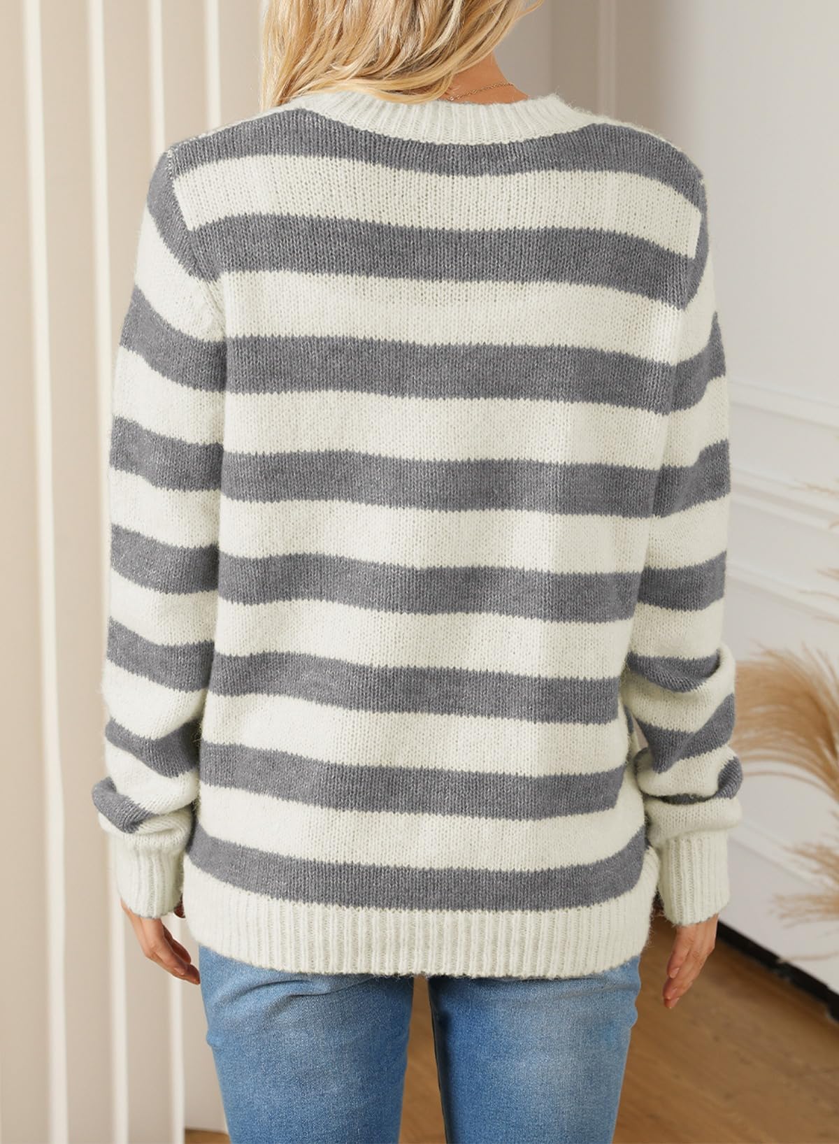 Dokotoo Sweaters for Women 2025 Crewneck Striped Cute Color Block Fall Winter Knitted Pullover Tops