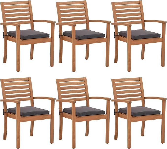 OC Orange-Casual Stackable Patio Dining Chairs Set of 6, Outdoor Acacia Wooden Chairs w/Armrest & Removeable Fabric Cushion, for Porch, Backyard, Garden, Indoor, Dark Grey