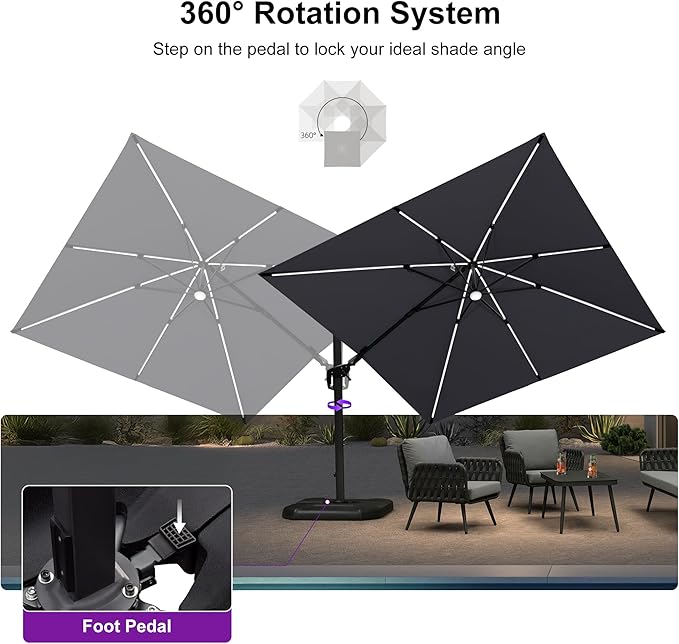 PURPLE LEAF 10 Feet Patio Umbrella with Base Outdoor Cantilever Solar Powered LED Swivel Square Umbrella Aluminum Offset Umbrella with 360-degree Rotation for Garden Deck Pool Patio Light Grey
