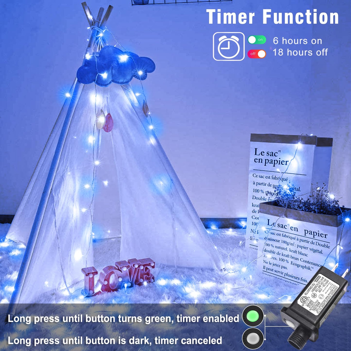 100FT 300 LED Outdoor String Lights, Plug in Connectable Christmas Lights Indoor Waterproof, 8 Modes String Lights for Outside Bedroom Home Xmas Tree Patio Yard Party Decorations, Blue and White