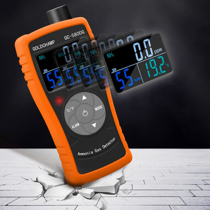 GOLDCHAMP Ammonia Gas Detector 0~100ppm NH3 Monitor with 0.1ppm Resolution, Temperature(℉/℃), Humidity, LCD Display, Double Alarm, Tripod Hole for Farm, Poultry, Pig & Livestock