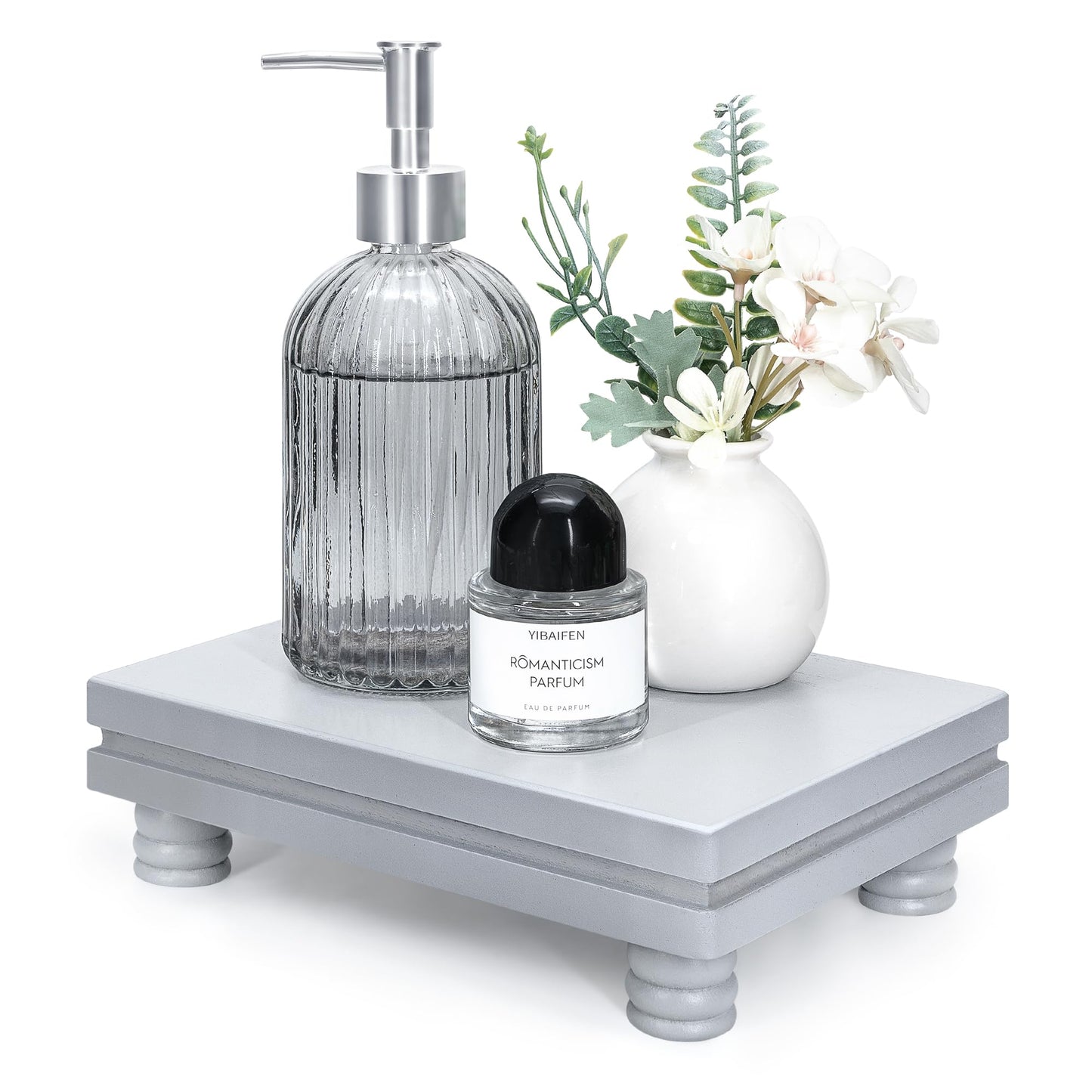 EOSAHR Wooden Tray Pedestal Stand for Home and Kitchen Decor – Decorative Tray for Soap Holder & Bathroom Essentials – Multi-Functional Bathroom Counter Organizer (Grey)