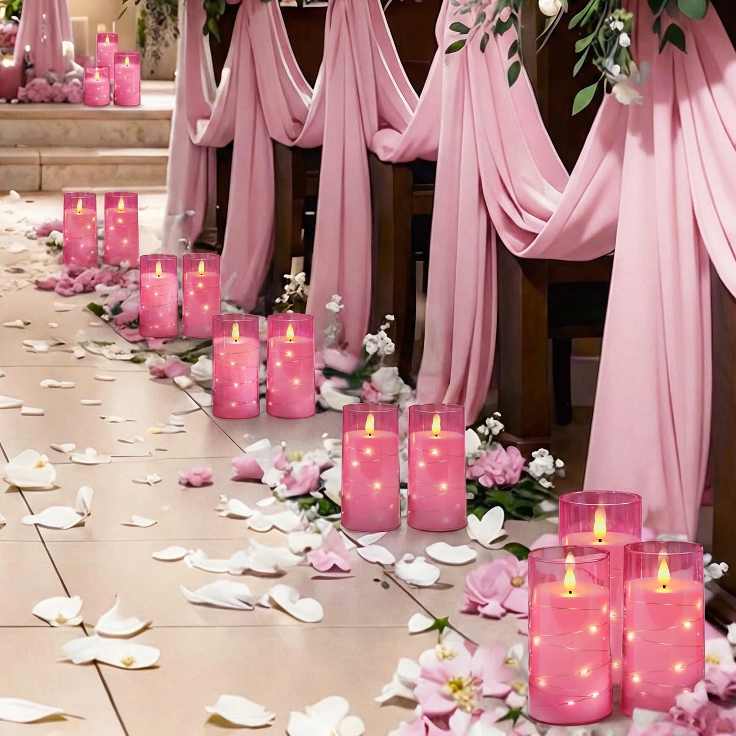 Homemory Flameless Pink Candles with Embedded Star String Fairy Lights, Battery Operated Candles, LED Candle, Fake Candles with Remote Control and Timer, Set of 2(H 6" 6")