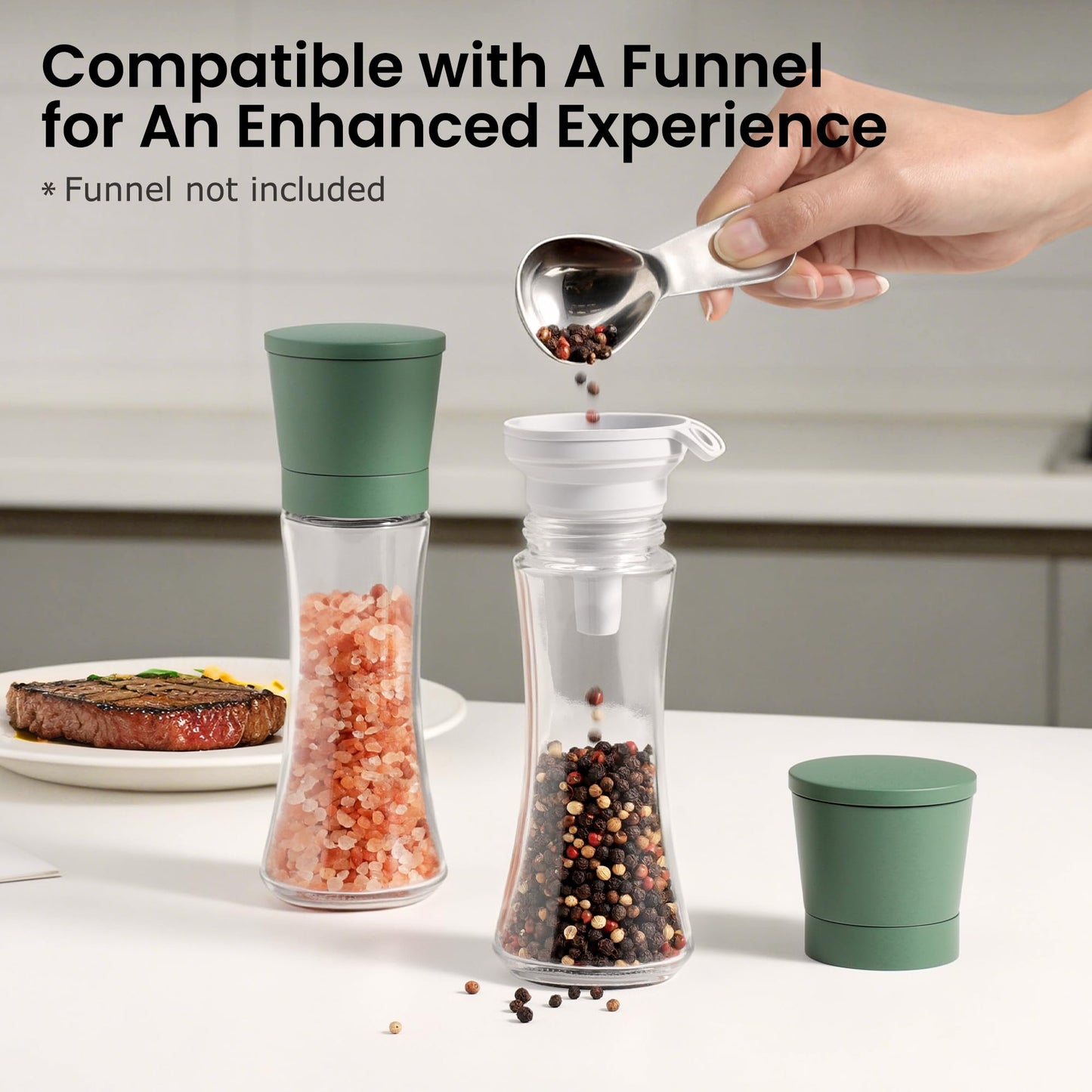VEVOK CHEF Green Salt and Pepper Grinder Mill Set Stainless Steel Pepper Shaker Adjustable Ceramic Coarseness Salt Grinder Black Pepper Spice Grinder Mill