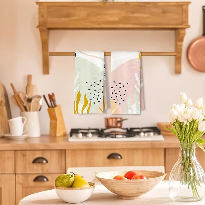 Abstract Boho Floral Kitchen Towels Set of 2, Mid Century Modern Hand Towels
