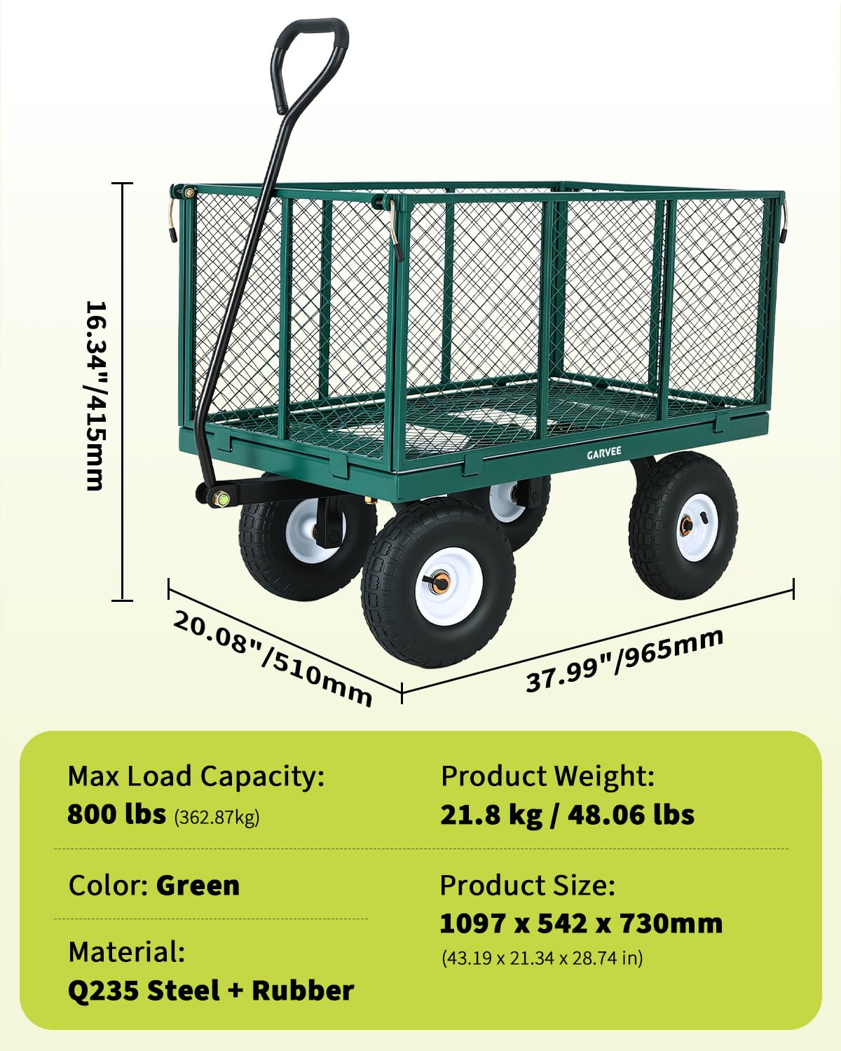 Garvee Versatile Outdoor Utility Cart-800LBS Heavy-Duty, 10" All-Terrain Pneumatic Tires, Easy Maneuverable Lawn Cart with Removable Mesh Panels for Gardening&Landscaping, Green, with Waterproof Liner