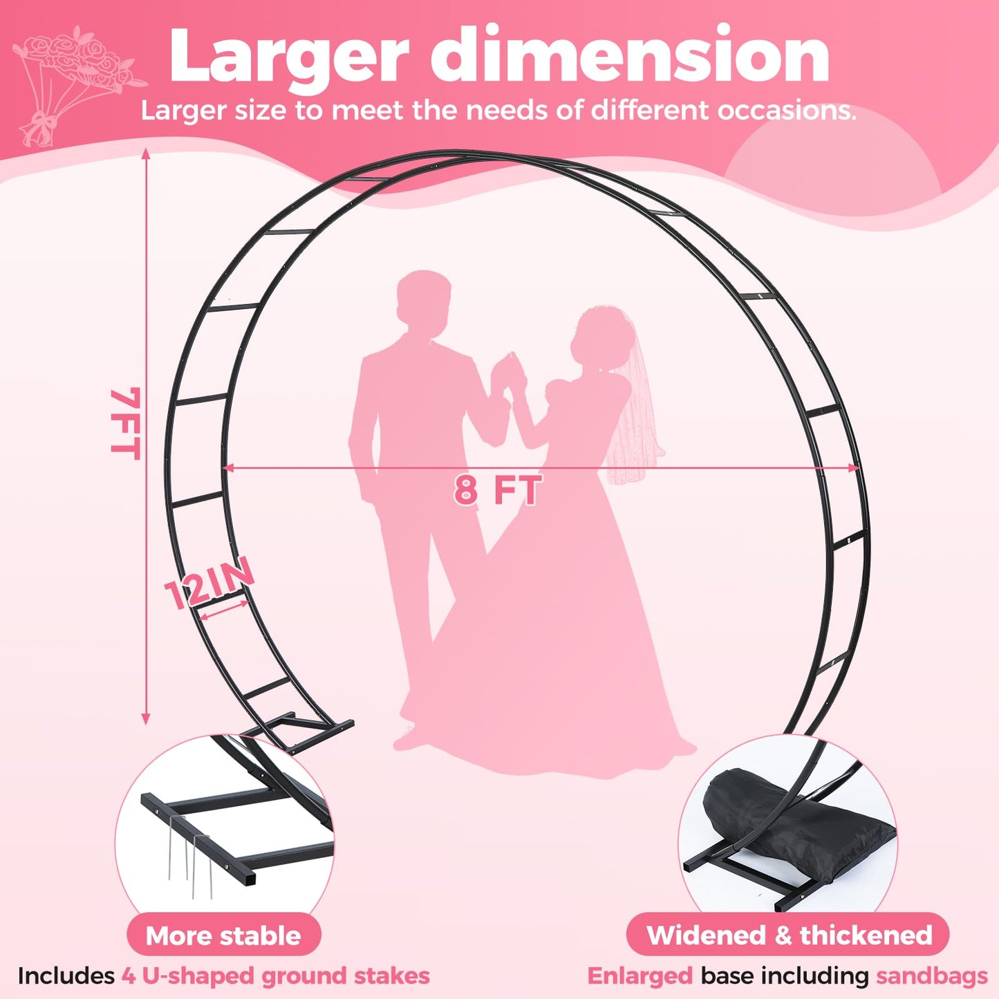 Large Metal Garden Arch Trellis,Wedding Arch. 8*7Ft. 19mm Heavy-duty Pipe, Arch Frame for Party Decorations,Balloon Arch.Garden Arbor Arch Trellis for Climbing Plants, With Base,Ground Stakes Sandbags