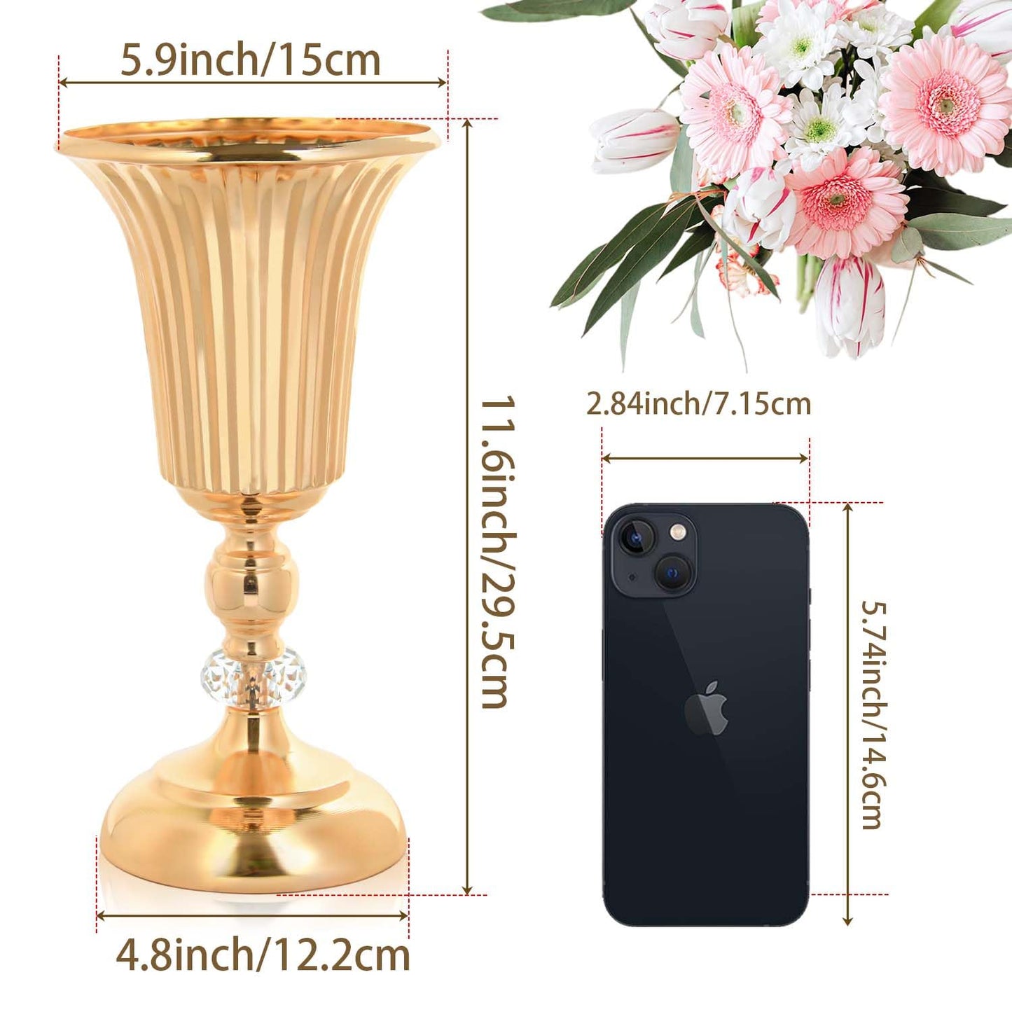 11.6 inches Metal Wedding Flower Trumpet Stripe Vases Table Centerpieces for Artificial Flower Arrangements for Anniversary Celebration/Wedding/Party/Birthday Event Aisle Home Decor (Gold, 6pcs)