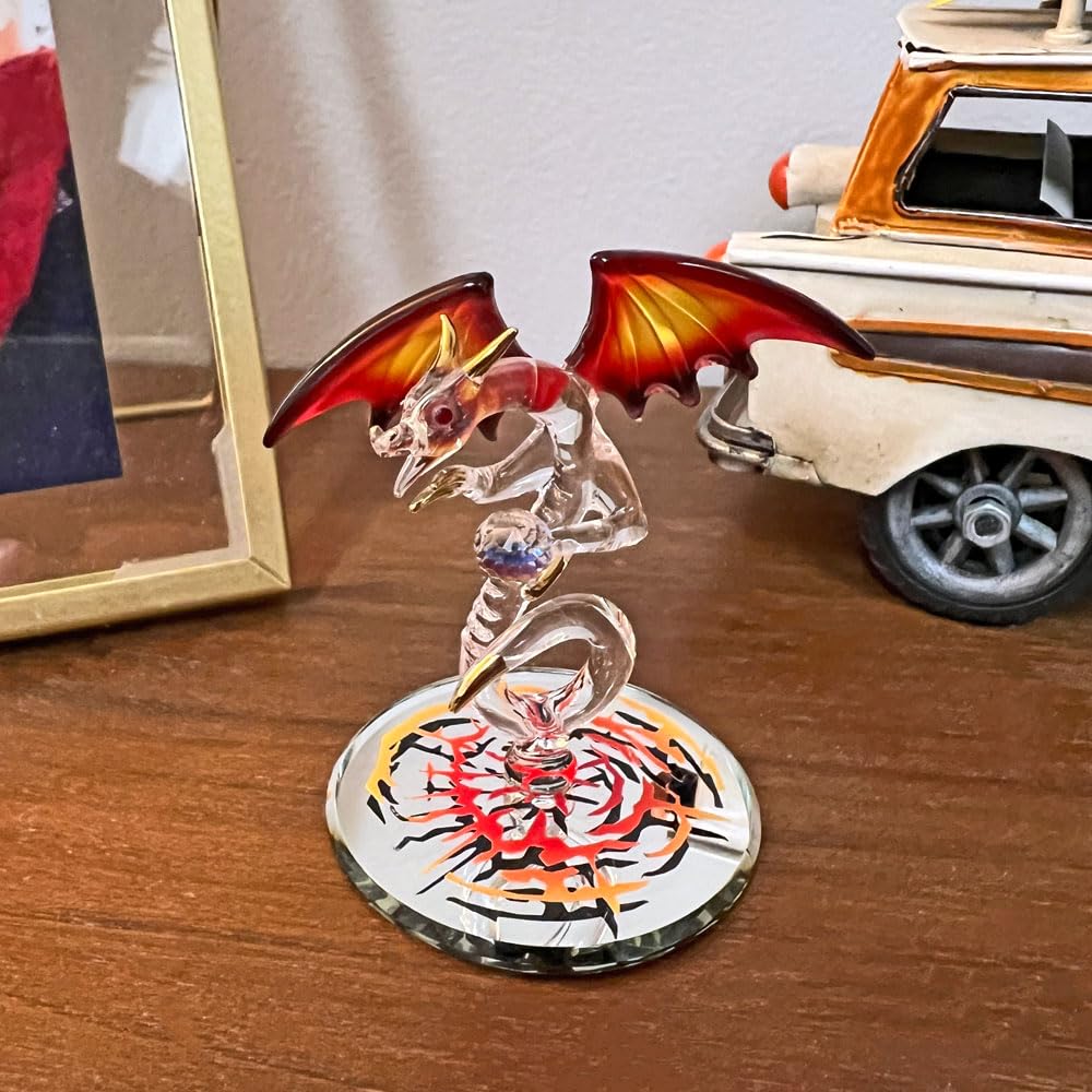 Glass Baron Dragon Crystal Fury Glass Figurine, Hand Blown & Sculpted with 22K Gold Accents & Beveled Mirror Base, Collectible Ornament for Home Decor Table Centerpiece