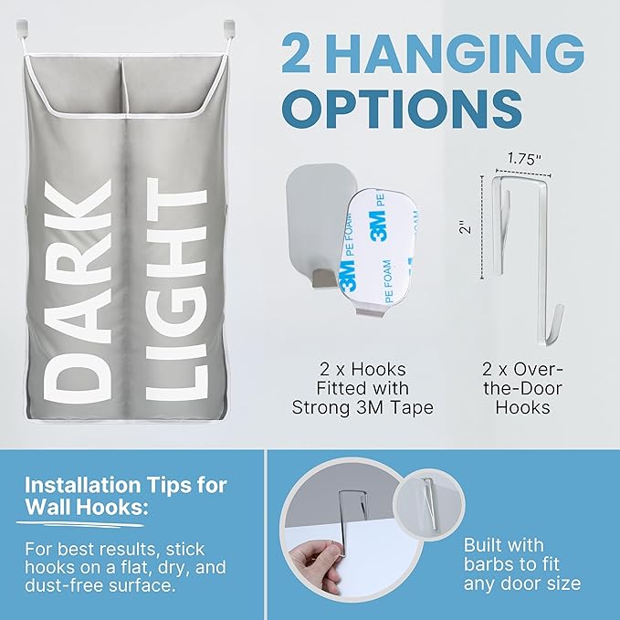 Hanging Laundry Hamper Bag XL 40x22", Space Saving over the Door Storage Bags