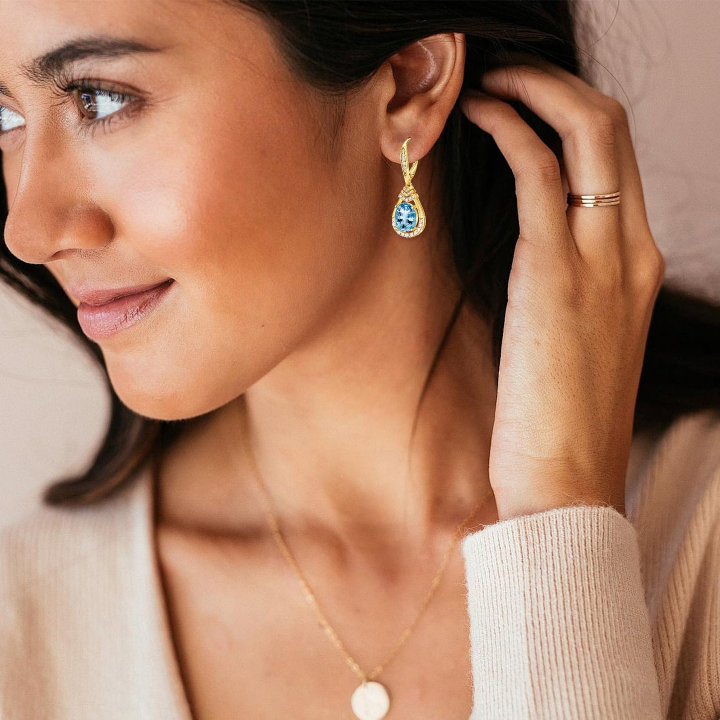 Valentine's Day Gifts for Women |18K G Plated Sterling Silver Birthstone Teardrop Leverback Drop Earring for Women Lady | Wedding Jewelry Gifts for the Bride | Hypoallergenic Oval Cut CZ Earrings (18k Gold Plated-03-Mar.-Aquamarine)