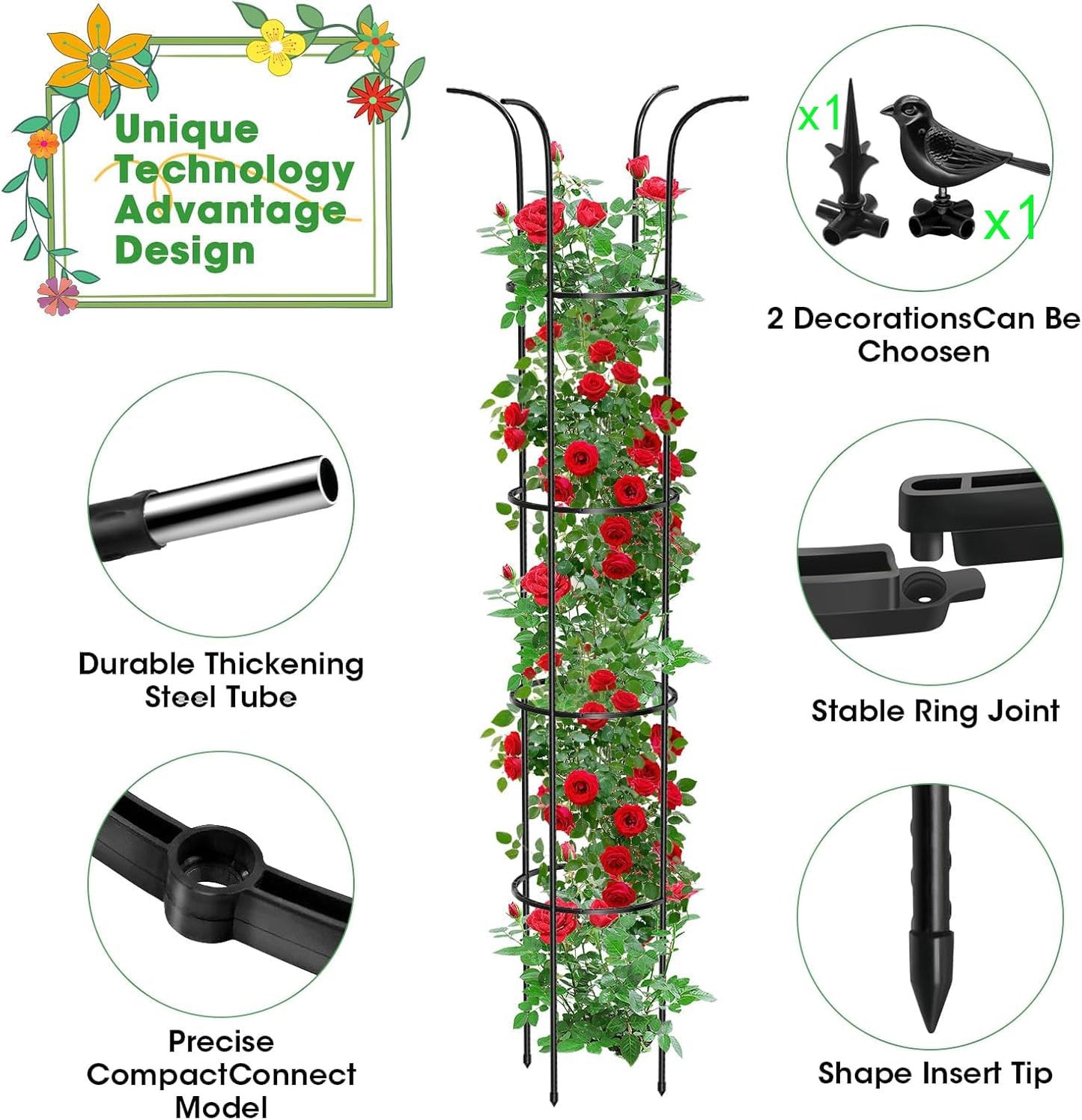 Tower Obelisk Garden Trellis for Climbing Plant，6.2FT/74.4" Rustproof Metal Potted Plant Climbing Support for Indoor Outdoor Flowers Vegetable Fruits Vines Support （1pcs）