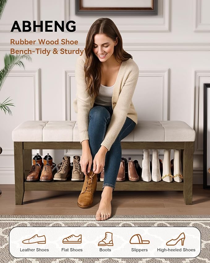ABHENG Solid Rubber Wood Shoe Bench, Soft Chenille Material Upholstered Seat
