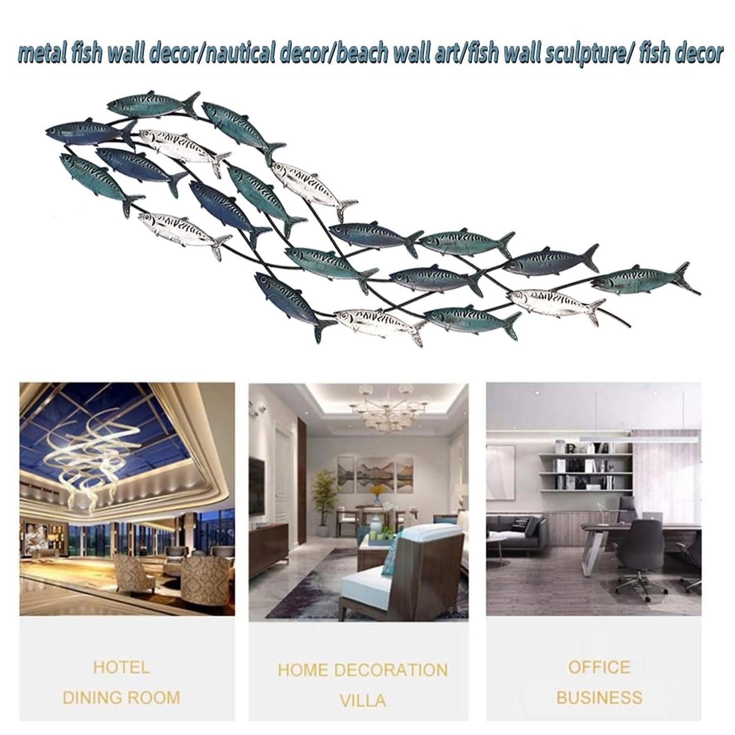 Coastal Metal Fish Wall Decor, Large Nautical Fish Wall Décor,School of 20 Fish Wall Art,3D Fish Wall Sculpture,Fish Metallic Art Decor,Perfect for Living Room,Bedroom,Beach Or Boat Decor,59" X 16.5"