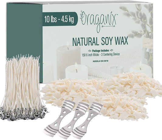 10 lbs Soy Wax by Oraganix - DIY Candle Making Kit with 150 Pre-Waxed 6-Inch Wicks and 3 Centering Devices - Smooth Burning Wax for Craft Projects and Scented Project Creations