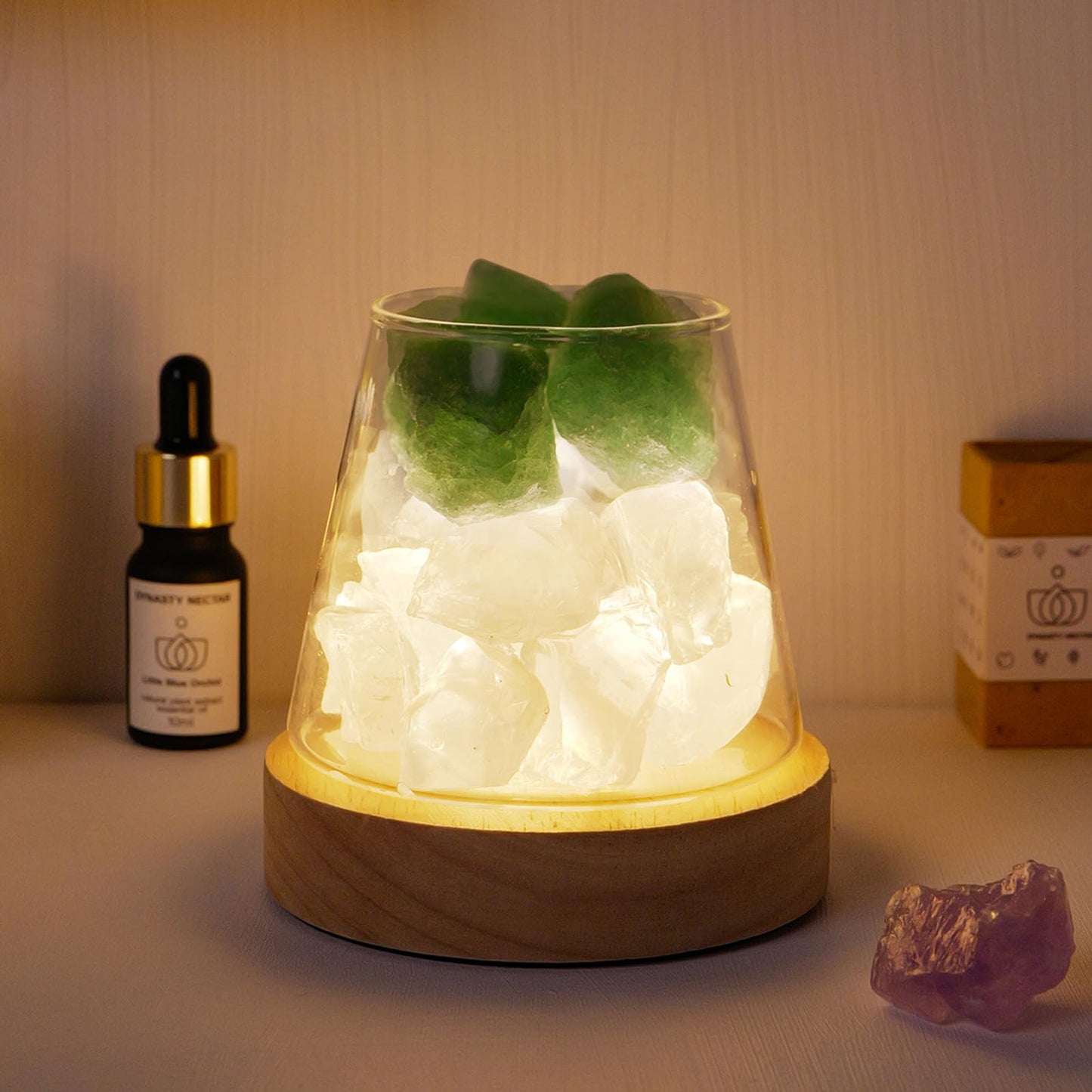 Runyangshi Runyansghi Green Fluorite Clear Quartz Night Lamp Natural Healing Crystal Atmosphere Lamp with Remote Control Bedside Lamp USB Port 7 Colours Dimming Mode Bedroom Lamp Home Decor Gift
