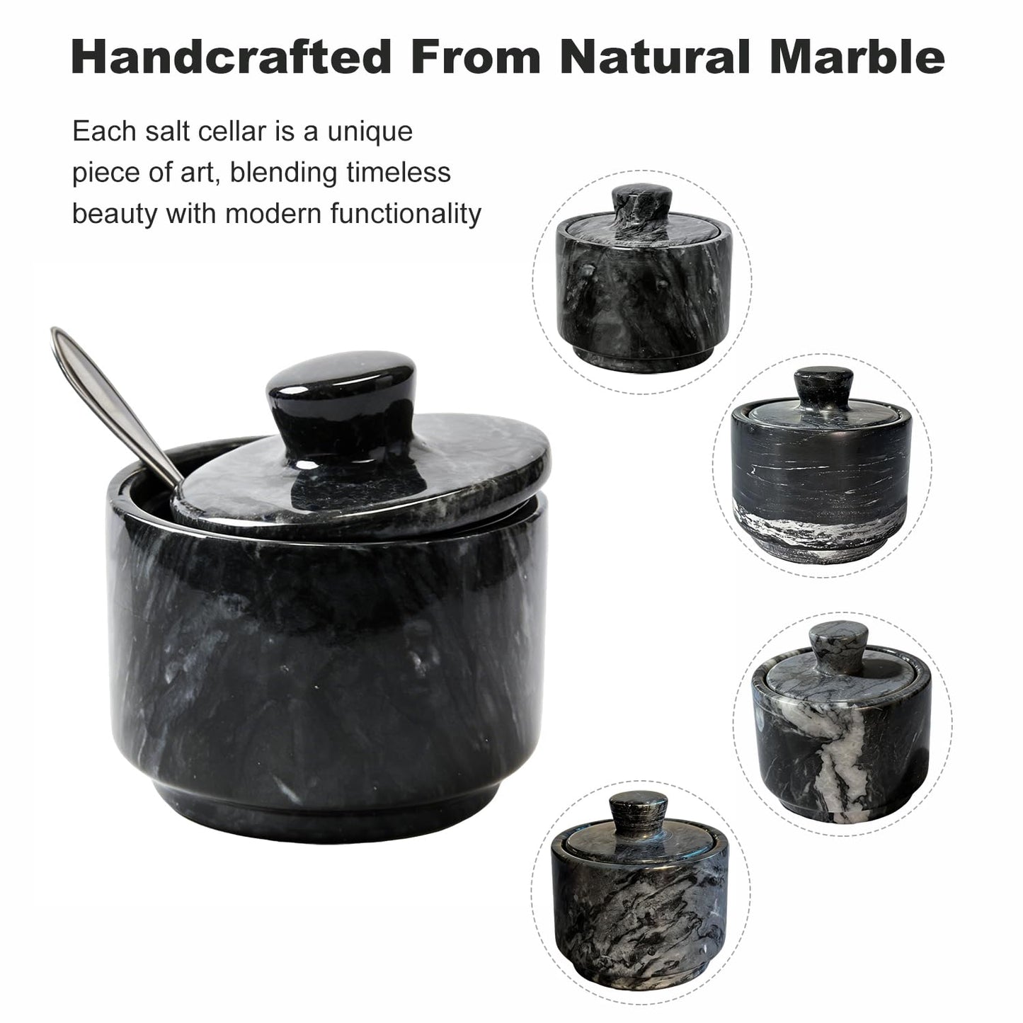 Aturalux Marble Salt Cellar with Lid & Spoon, 3" Black Salt Container for Countertop, Spice Jar, Stone Storage Box for Kitchen and Bathroom