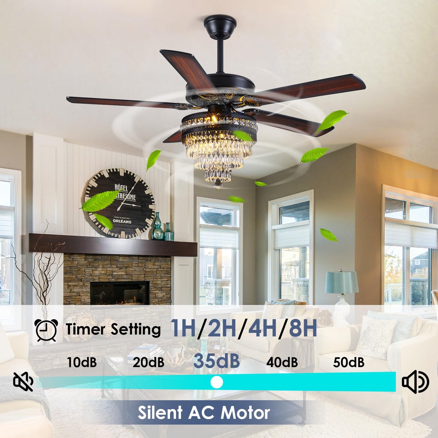 Asyko 50" Crystal Ceiling Fan Fandelier with Lights - Modern Black Chandelier Fans with Remote Control，Noiseless AC Motor, Retro/Farmhouse Lighting, Dining Room，Living Room