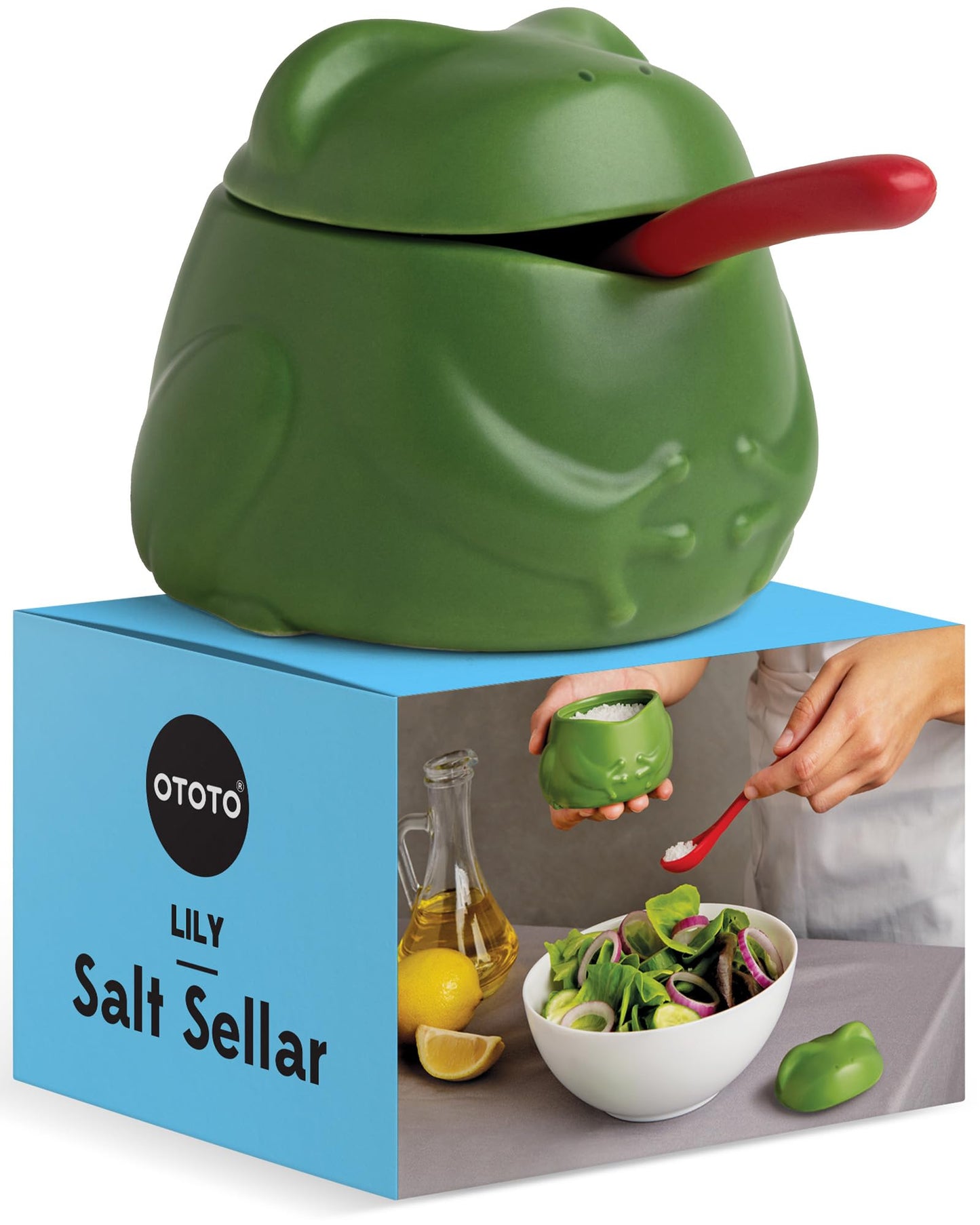 OTOTO NEW Lily Salt Cellar with Lid and Spoon - 6 oz Frog Salt Containers for Countertop, Ceramic Salt Holder with Lid for Sugar, Frog Stuff, White Elephant Gifts, Cute Gifts Accessories - Green