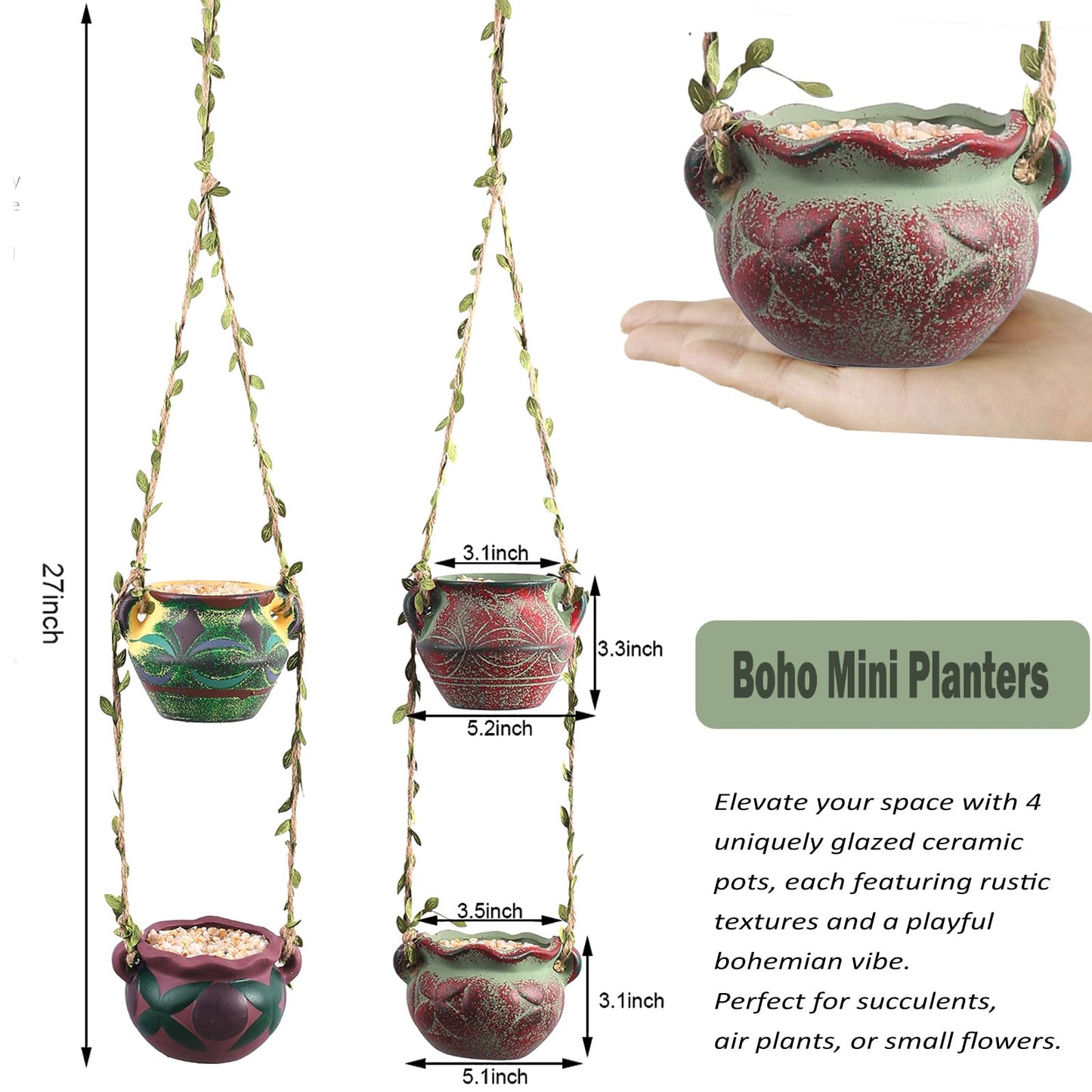 qumHmup Ceramic Hanging Planters, Set of 4 Pots with Drainage Holes,Boho Indoor Outdoor Planter for Succulents