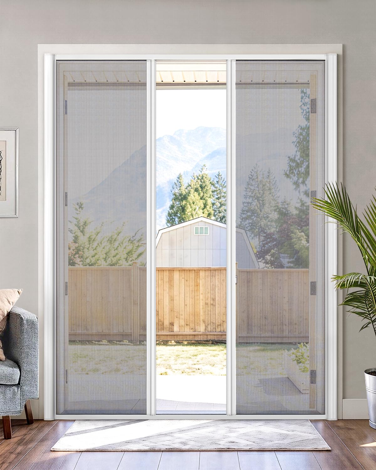 Paramondo Retractable Screen for Double Doors - Self-Stop Sliding Patio Screen with Aluminum Frame & Fiberglass Mesh, White, Size 72 3/4" W x 81 3/8" H