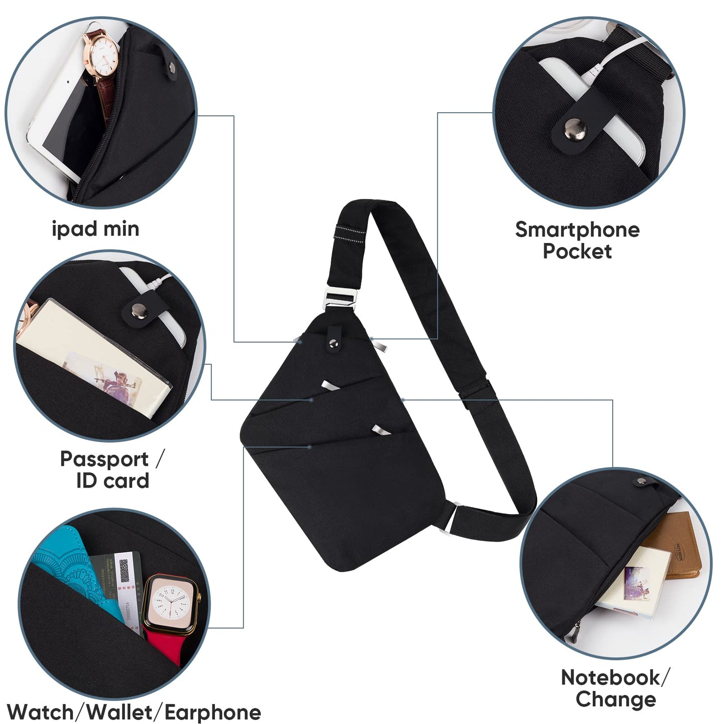 BROADREAM Anti Theft Sash Sling Crossbody Bag, Nylon Small Rucksack for Women, Waterproof One Strap Backpack Chest Bag, Casual Lightweight Men Bags for Travel Sports Hiking Cycling