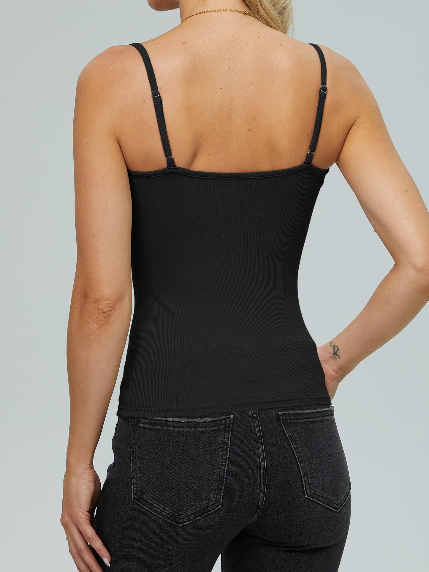 iGENJUN Tank Tops for Women 2025 Built in Shelf Bra 2 Piece Pack Spaghetti Strap Adjustable Workout Yoga Basic Summer Camisole U Neck Slim Fit Ribbed Sleeveless,M,Black