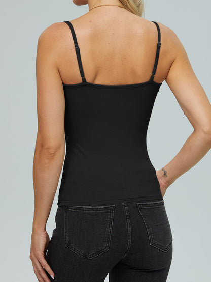 iGENJUN Tank Tops for Women 2025 Built in Shelf Bra 2 Piece Pack Spaghetti Strap Adjustable Workout Yoga Basic Summer Camisole U Neck Slim Fit Ribbed Sleeveless,M,Black