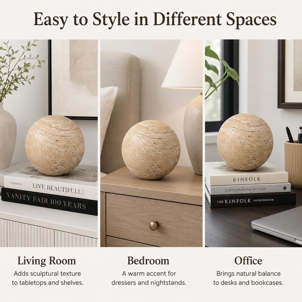 Artisanal Abode Natural Travertine Decorative Sphere, 4.72 Inch Stone Ball Decor, Hand-Polished Beige Orb Accent for Coffee Table, Console, Shelf and Living Room
