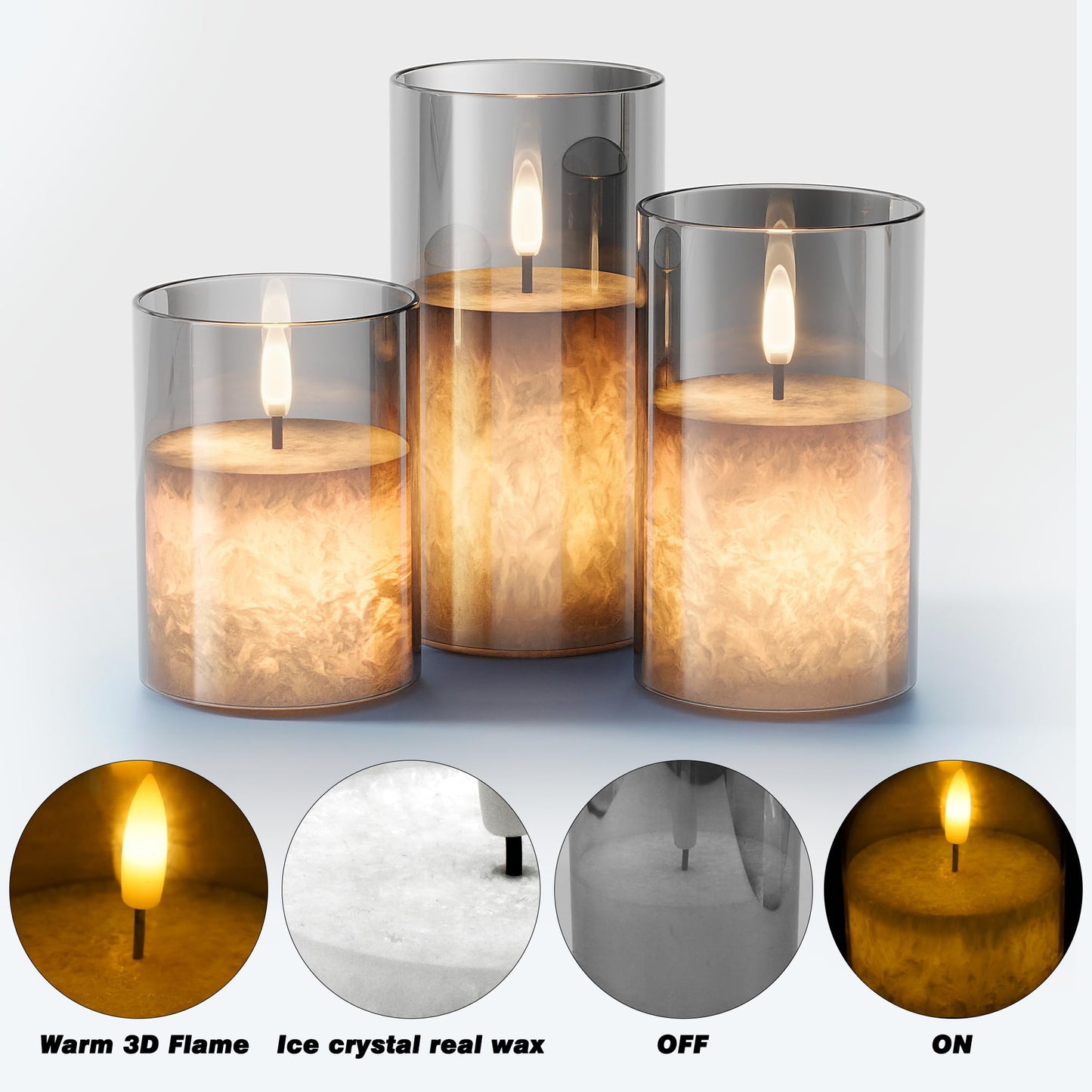 VIODAIM Ice Crystal Real Wax Glass Flameless Candles with Remote & Timer, Battery Operated Candles with Warm Flickering Flame, Realistic LED Candle for Wedding Home Decor [D3×H4/5"/6"] Grey, 3Pack