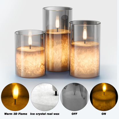 VIODAIM Ice Crystal Real Wax Glass Flameless Candles with Remote & Timer, Battery Operated Candles with Warm Flickering Flame, Realistic LED Candle for Wedding Home Decor [D3×H4/5"/6"] Grey, 3Pack