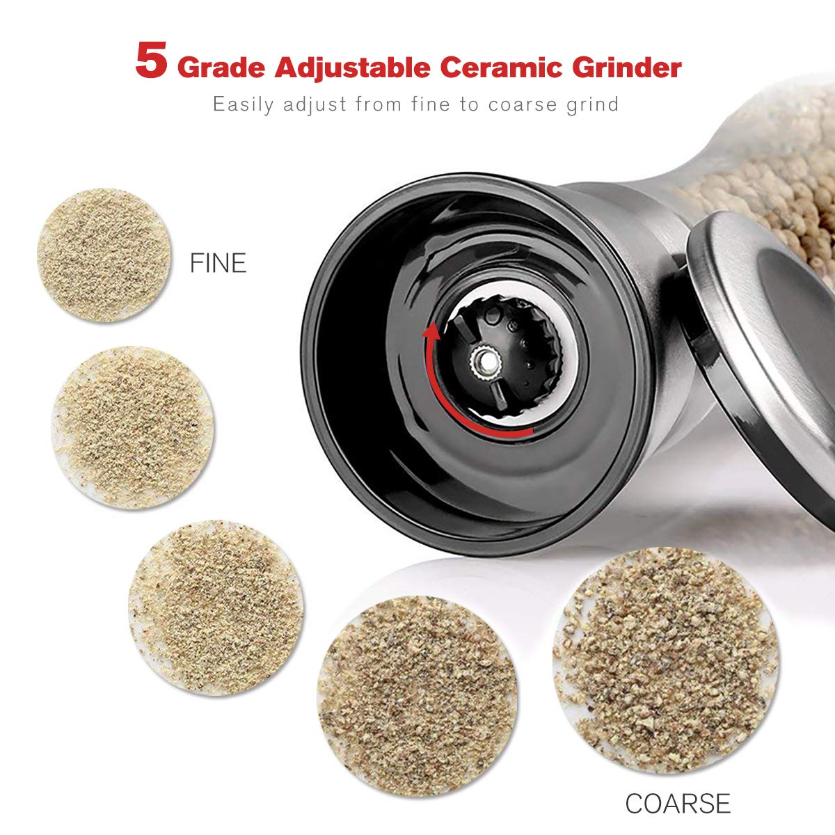 Professional Stainless Steel Salt and Pepper Grinder Set with Stand Manual Spice Adjustable Coarseness with Five Grinding Level Pepper Mill Grinders Shakers Gift Set with Silicone Funnel (Pack of 2)