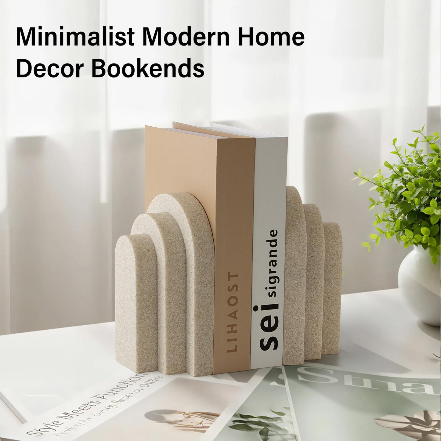 LIN CHUAN Heavy Duty Bookends for Shelves, 6.6 LBS Heavy Book Ends for Heavy Books, Decorative Modern Bookends with Faux Sandstone Look, Layered Arch Book Stopper for Bookshelf Holder Set of 2, Beige