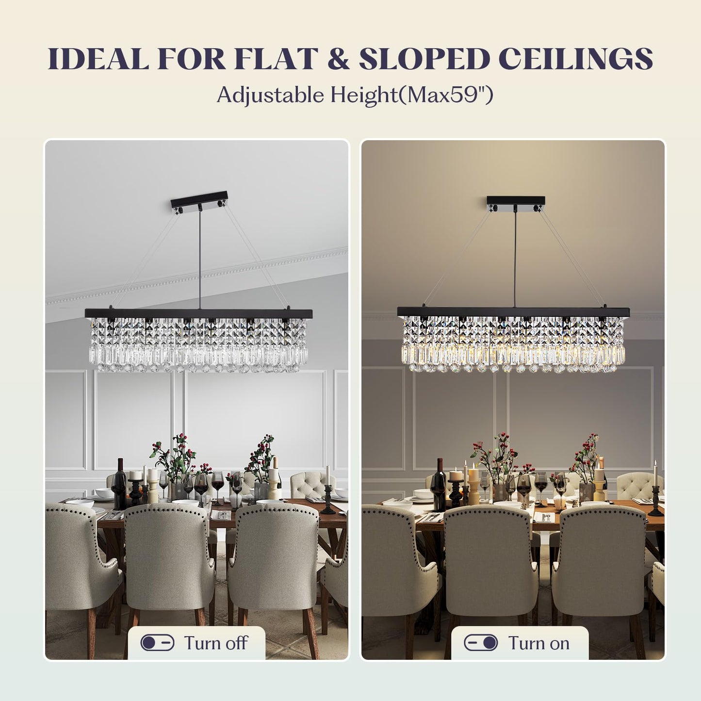 7PMBEANE Rectangle K9 Crystal Chandelier,Rectangular Contemporary Pendant Light Fixture,Black Modern Crystal Chandeliers for Dining Room Kitchen Island L31.5''xW10''xH10''