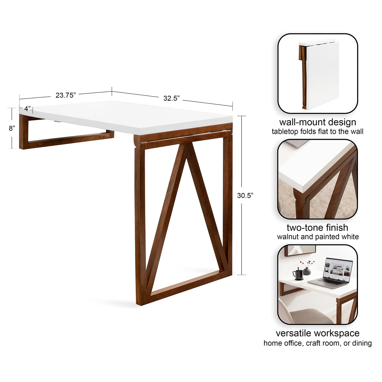 Kate and Laurel Kaya Modern Wall-Mounted Folding Table, 24 x 33 x 31, White and Walnut, Space-Saving Versatile Table with Folding Design for Dining Room or Home Office Decor