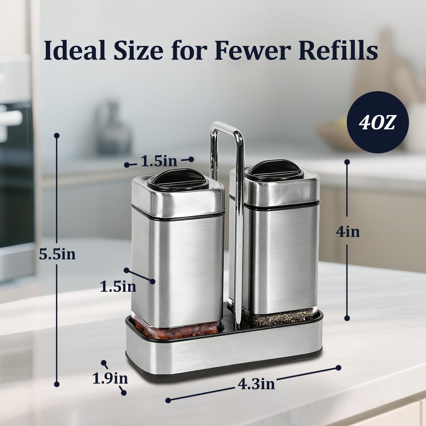 Salt and Pepper Shakers Set with Holder-Stainless Steel Salt Shaker with Adjustable Pour Holes-Set of 2 by Aelga
