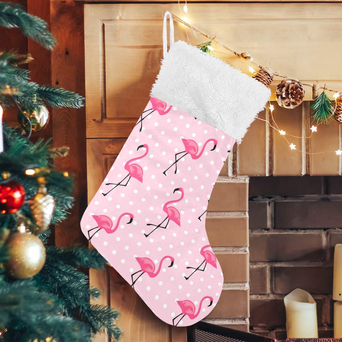 Blueangle White Dots Flamingo Christmas Stockings 17.7 Inch Gift Holders for Party Holiday Decorations Ornaments (1 Pack)