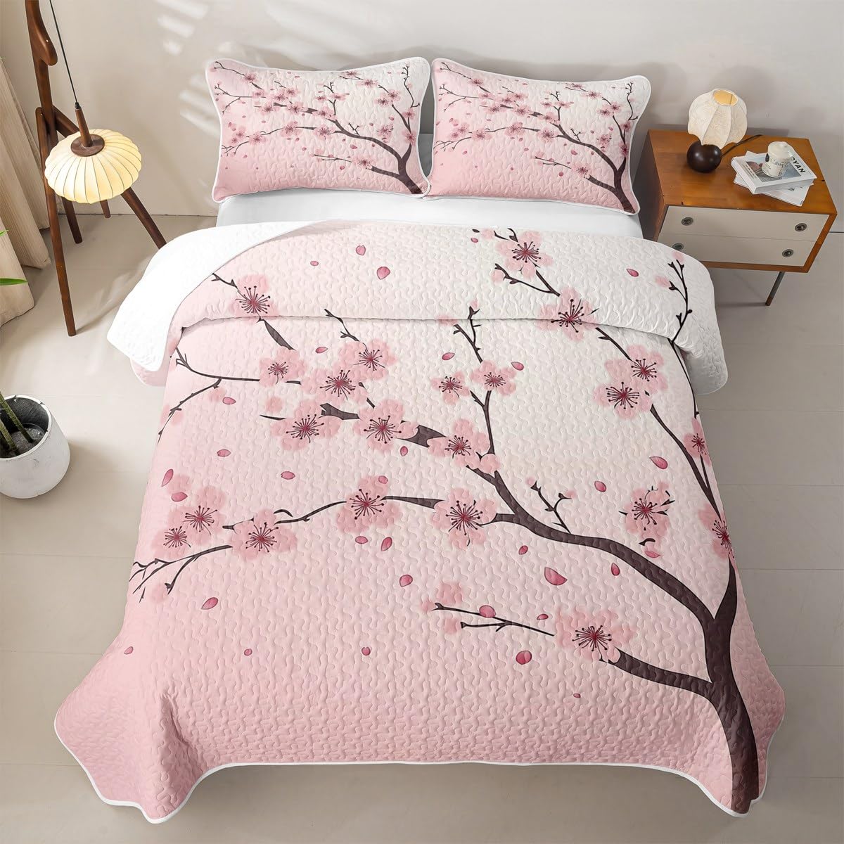 Erosebridal Girl Cherry Blossoms Quilt Full Japanese Style Quilt SetPink Flowers Quilted Bedspread Branches Plant Floral Bedding Coverlet with 2 Pillowcases